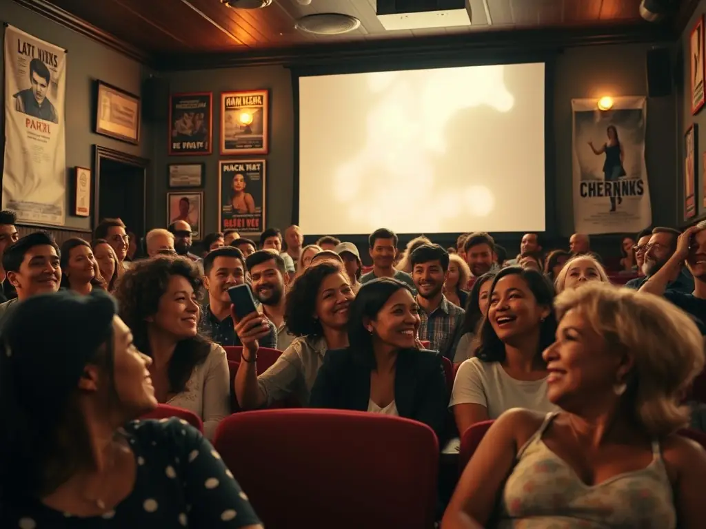 A vibrant image of a film screening event organized by Regard Indépendant, showing a diverse audience engaged in watching an independent film, with the club's logo subtly displayed in the background.