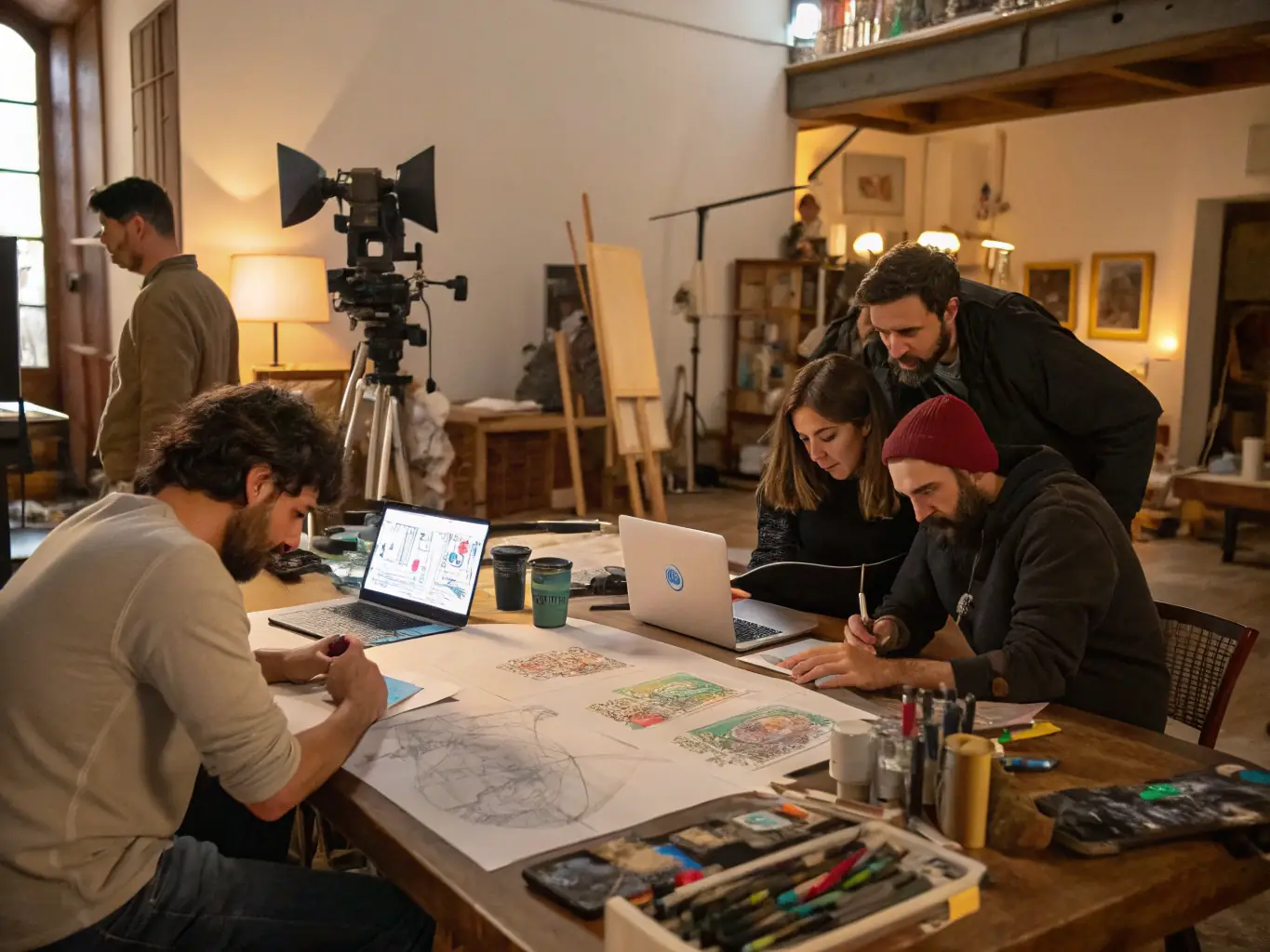 A collaborative image of artists working together on a film project, showcasing the spirit of teamwork and creativity that Regard Indépendant fosters through its collaborative initiatives.