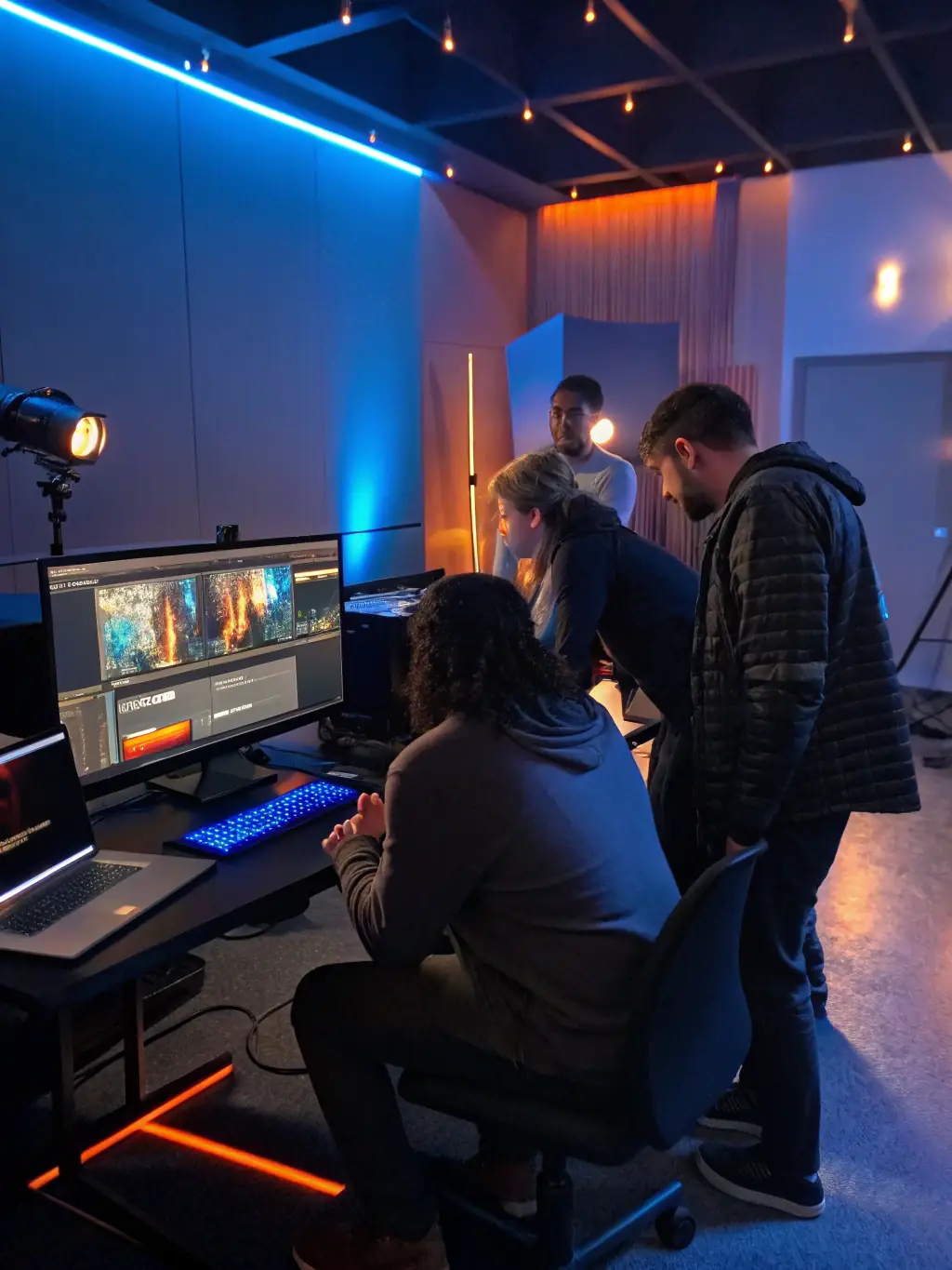 A group of participants actively engaged in a film editing workshop, learning practical skills from an experienced editor.
