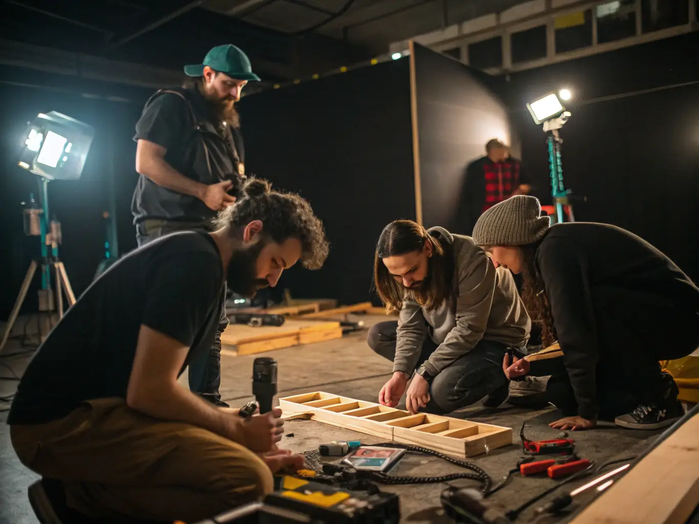 A dynamic image of a filmmaking workshop in progress, with participants actively involved in learning about different aspects of film production, such as cinematography, editing, and sound design.