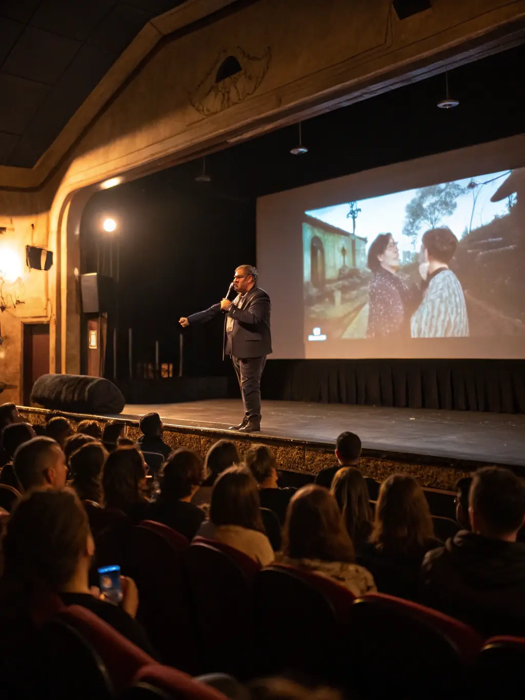 A still from a recent independent film screening organized by REGARD INDÉPENDANT, showing the director answering questions from the audience.